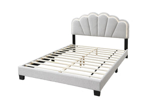 English Elm White Queen Wool Fabric Platform Bed with Scalloped Tufted Headboard, LED Lighting, Fully Upholstered Elegance B011P238976