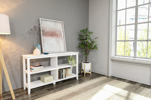 English Elm Wood Open Shelf Bookcase Walnut Finish Mid Century Modern Low Profile Living Room White B2751P436405