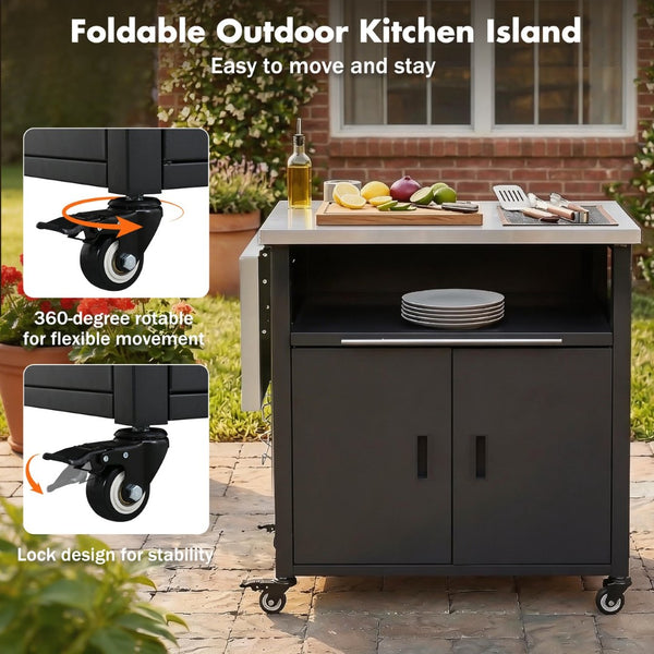 English Elm Outdoor Bbq Prep Cart Rolling Stainless Steel Grill Station with Foldable Work Surface Black N719P407404B