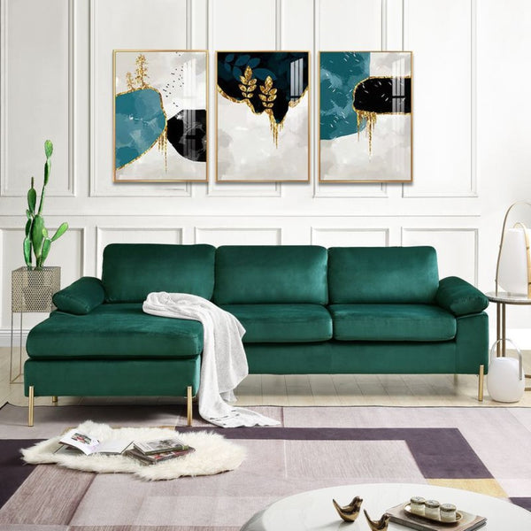English Elm Coastal Tufted Velvet L-shaped Sectional Sofa with Brass Gold Legs Mid-century Glam Green B2730S00018