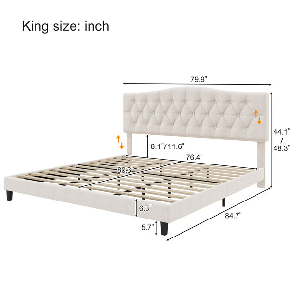 English Elm Upholstered Diamond-Tufted Platform Bed with Two-Position Adjustable Headboard and Sturdy Support Beige 81.22 L x 26.81 W x 5.24 H N701P342941B