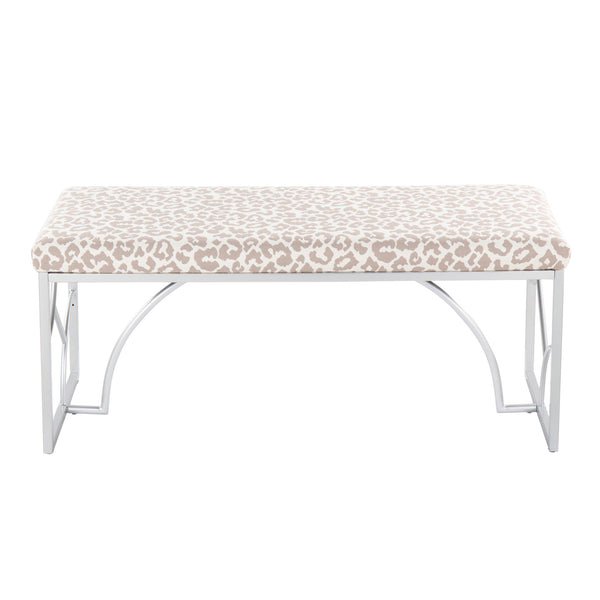English Elm Constellation Silver Metal Bench with Grey Leopard Fabric Upholstery — Modern Plush Seating, 45" B202S01140