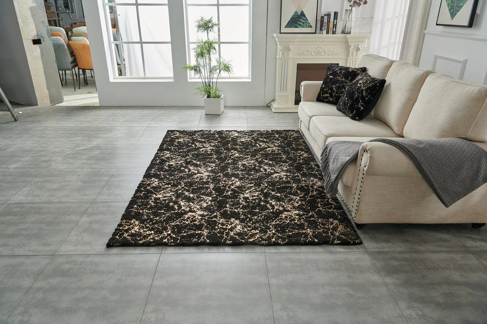 English Elm Luxury Black Abstract Gold-Gilded Chinchilla Faux Fur Area Rug - Soft, Machine Washable Elegance! B030P233678