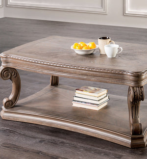 English Elm Dentil Weathered Oak Coffee Table 52"W x 32"D x 20"H with Carved Scroll Legs, Open Shelf, Sturdy Elegance B2741P360606