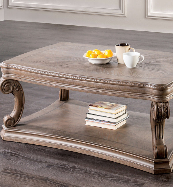 English Elm Dentil Weathered Oak Coffee Table 52"W x 32"D x 20"H with Carved Scroll Legs, Open Shelf, Sturdy Elegance B2741P360606