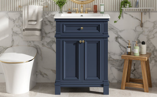 English Elm 24'' Carved Farmhouse Bathroom Vanity with Ceramic Sink Soft Close Storage Cabinet Blue N710P446530C