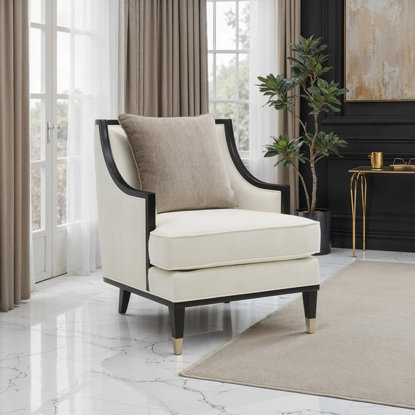 English Elm Traditional Upholstered Accent Chair with Curved Arms and Gold-Capped Legs, Plush White Fabric for Living Room Comfort and Style B2741P396710