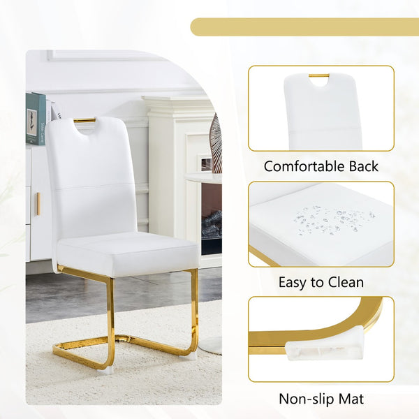 English Elm Modern Cantilever Gold Frame Pu Leather Dining Chairs Glam Set of Four White W3875P372993