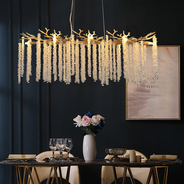 English Elm 39-Inch Modern Golden Pendant Light With Cascading Crystals - Luxurious Fixture For Living Spaces W2312P374974