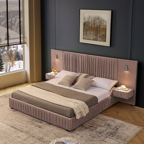 English Elm King Modern Upholstered Platform Bed with Pleated Chenille Headboard, Built‑in Nightstand & Lamp Pink W487S00391