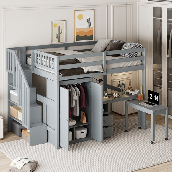 English Elm Queen Murphy Bed with Integrated Desk Cabinet Shelves Space Saving Studio Solution Gray N708S00014E