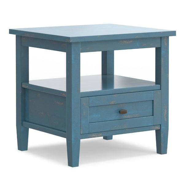English Elm Warm Shaker Solid Wood End Table Distressed Blue Coastal Finish Bronze Hardware B136P420274