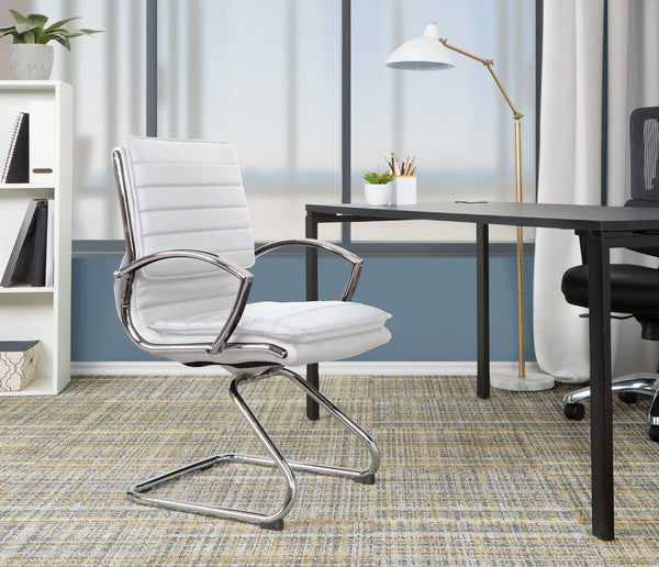 OSP Home Furnishings Guest Faux Leather Office Chair with Chrome Sled Base and Ergonomic Lumbar Support White SPX23595C-U11