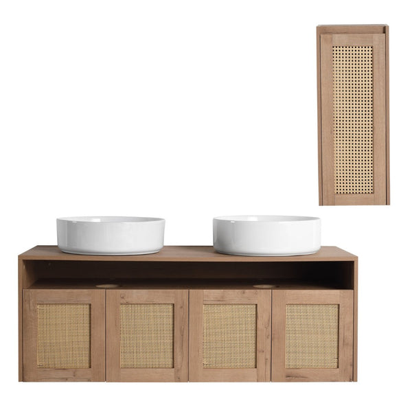 English Elm 48" Floating Bathroom Vanity Oak Finish Dual Ceramic Sinks Four Soft Close Doors W999S00498