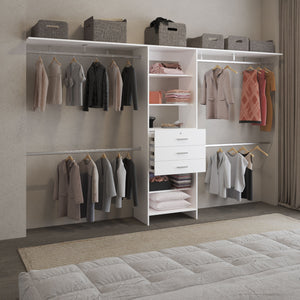 English Elm Plego Adjustable 69"-118" White Closet System with 5 Shelves, 4 Rods & 3 Drawers — MDF Build B200S00419