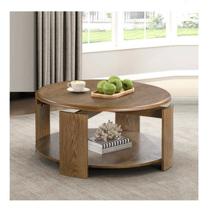 English Elm Brown Round Swivel Top Coffee Table with Oak Veneer, Open Shelf & Casters for Stylish Living Brown 41 L x 41 W x 10 H B011P351964