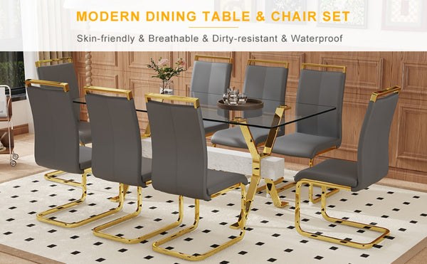 English Elm Table And Chair Set - Modern 71"X35.4" Transparent Glass Dining Set With 8 Gray Pu Chairs & Gold Legs W1151S02364-GIGA