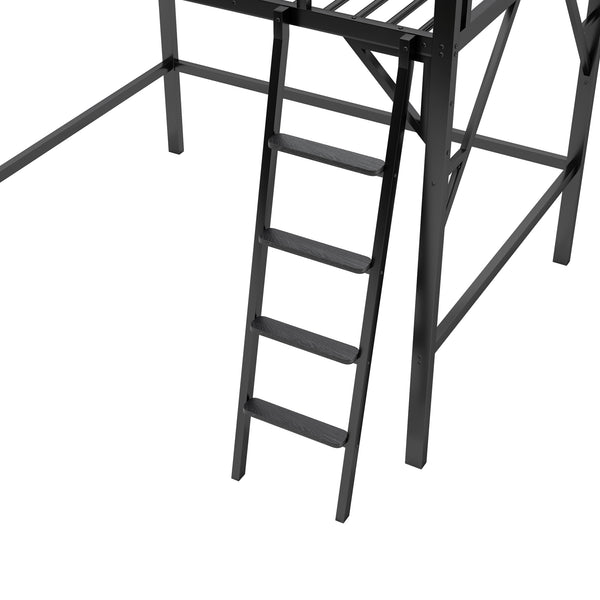 English Elm Full Size Loft Bed with Ladder & Built-In Shelves, Sturdy Metal High Loft for Kids Teens Black W2580P316646