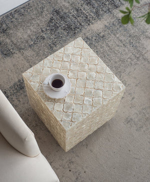 English Elm 14x14x18" Capiz Stool with Ogee Pattern and Brass Base — Modern Geometric Accent Seat for Living Spaces Cream W2078P326498