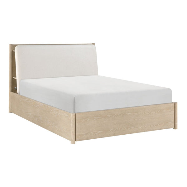 English Elm King Storage Bed Upholstered Headboard Oak Frame with Usb Shelves and Footboard Drawers B011S02355
