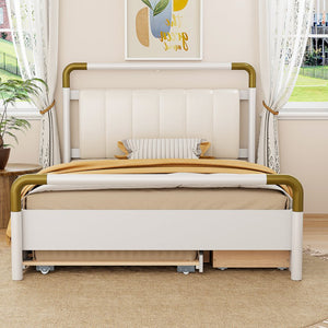 English Elm Queen Upholstered Platform Bed with Trundle & 2 Large Drawers, Padded Headboard, White/Walnut Elegance SF000190AAK