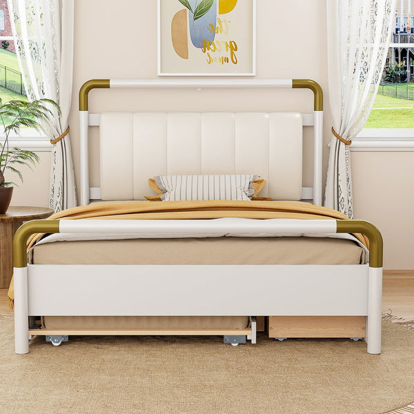 English Elm Queen Upholstered Platform Bed with Trundle & 2 Large Drawers, Padded Headboard, White/Walnut Elegance SF000190AAK