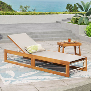 English Elm Christopher Knight Home® - MIA Acacia Wood Chaise Lounge with Breathable Textilene Mesh Seating for Cool, Durable Outdoor Relaxing Teak+ Beige 50.5 L x 27.75 W x 10.25 H N776P301491B
