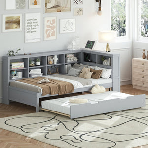 English Elm Wooden Twin Daybed with Trundle Storage Shelf and Usb Ports for Guest Rooms HL000074AAG