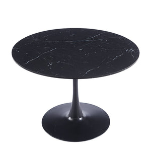 English Elm 42.1" Round Marble Look Pedestal Dining Table Mid Century Modern Seats Six Black W234P453954