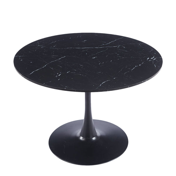 English Elm 42.1" Round Marble Look Pedestal Dining Table Mid Century Modern Seats Six Black W234P453954