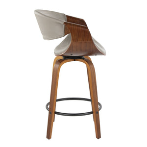 English Elm Symphony Mid-Century Counter Stools Set of 2 — Walnut Bent Wood Legs, Grey Faux Leather Swivel 360˚ B202S00376