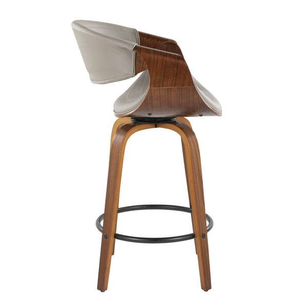 English Elm Symphony Mid-Century Counter Stools Set of 2 — Walnut Bent Wood Legs, Grey Faux Leather Swivel 360˚ B202S00376