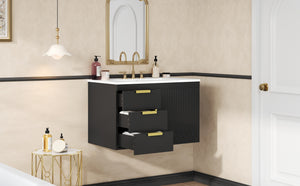 English Elm 30" Wall Mounted Bathroom Vanity with Ceramic Basin Sink, Floating Storage, Soft-Close Doors, Modern Elegance Black N710P324096B