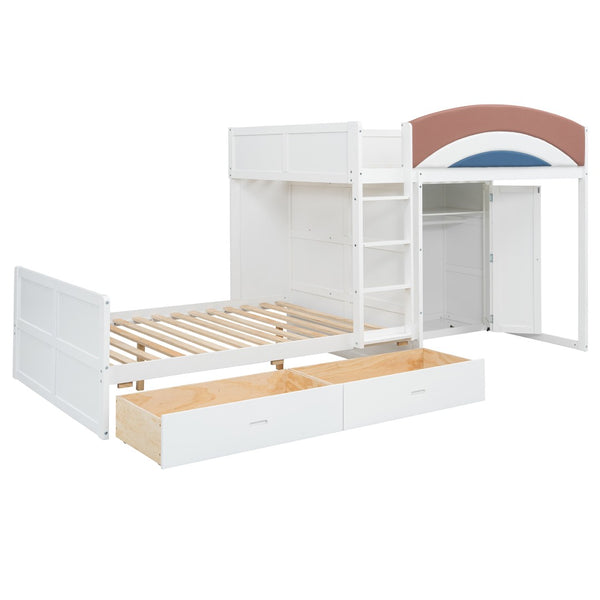 English Elm Full Size Offset Bunk Bed with Wardrobe Hanging Rod Drawers and Upholstered Rail White N820S00081K