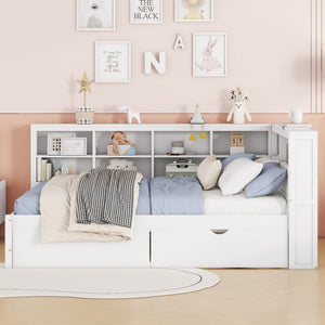 English Elm Wooden Full Size DayBed with Trundle, Pine Frame, Dual Storage Shelf and Built-in USB Charging Ports White 57.7 L x 16.25 W x 6.7 H N733S347772K