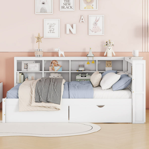 English Elm Wooden Full Size DayBed with Trundle, Pine Frame, Dual Storage Shelf and Built-in USB Charging Ports White 57.7 L x 16.25 W x 6.7 H N733S347772K