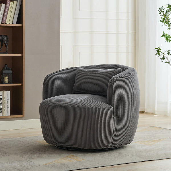 English Elm 34.25 Swivel Barrel Chair Upholstered in Plush Corduroy with Pillow, 360° Rotating Reading Accent Seat Charcoal W3118P253972