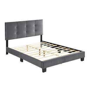 English Elm 1pc Full Platform Bed Newberry Brown Velvet Upholstered Button-Tufted Adjustable Headboard, Solid Wood Frame Dark Gray 60 L x 26 W x 5 H B011P203578