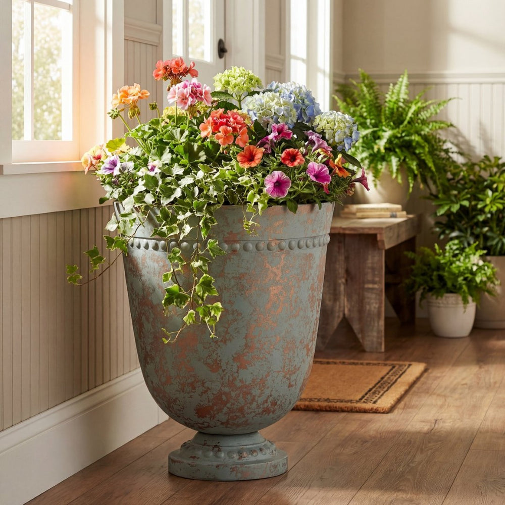 English Elm Polyresin Outdoor Garden Urn with Roman Column Base Antique European Terrace Planter N772P450054G
