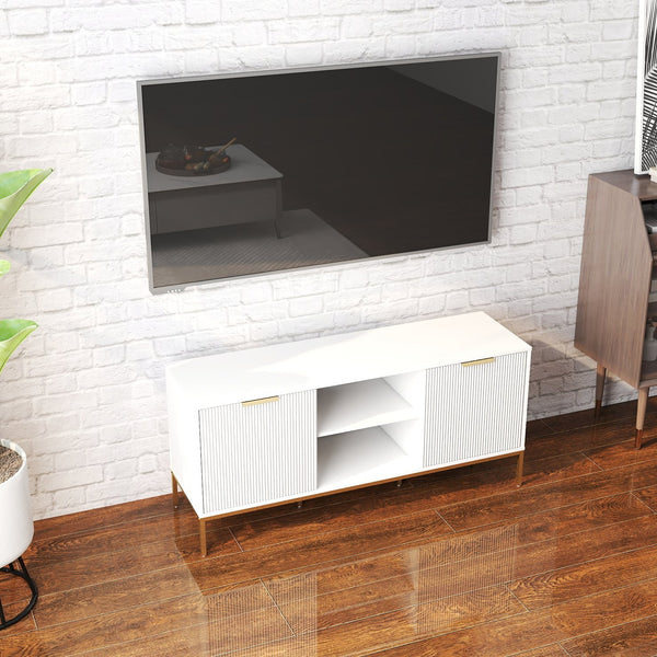 English Elm Modern TV Stand White Gold with Wave-Design Doors, Open Center Shelf, Adjustable Inner Shelf, Chic Legs W3151P288928