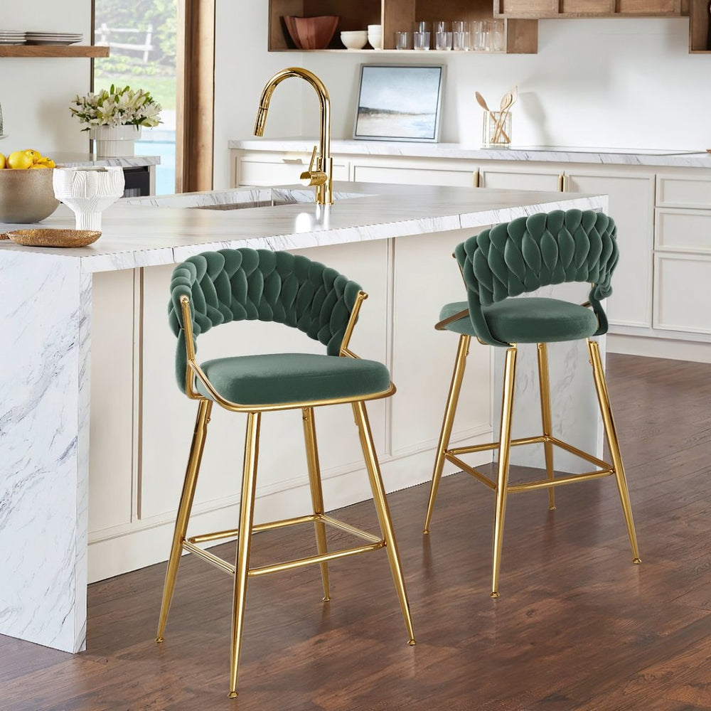 English Elm Counter Height Stools Set of 2 Mid-century Metal Legs Ergonomic Kitchen Island Seating Green T3623P430872