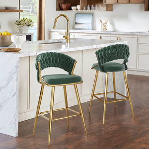 English Elm Counter Height Stools Set of 2 Mid-century Metal Legs Ergonomic Kitchen Island Seating Green T3623P430872