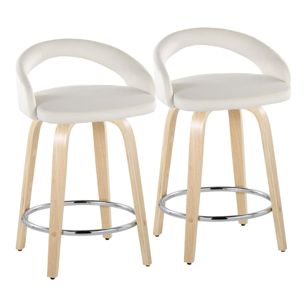English Elm Fixed-height Swivel Counterstools with Velvet Seats Bent Wood Legs and Chrome Footrest B202S01764