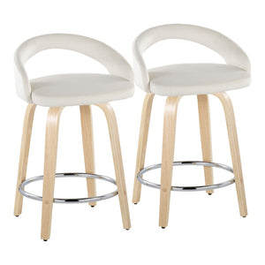 English Elm Fixed-height Swivel Counterstools with Velvet Seats Bent Wood Legs and Chrome Footrest B202S01764