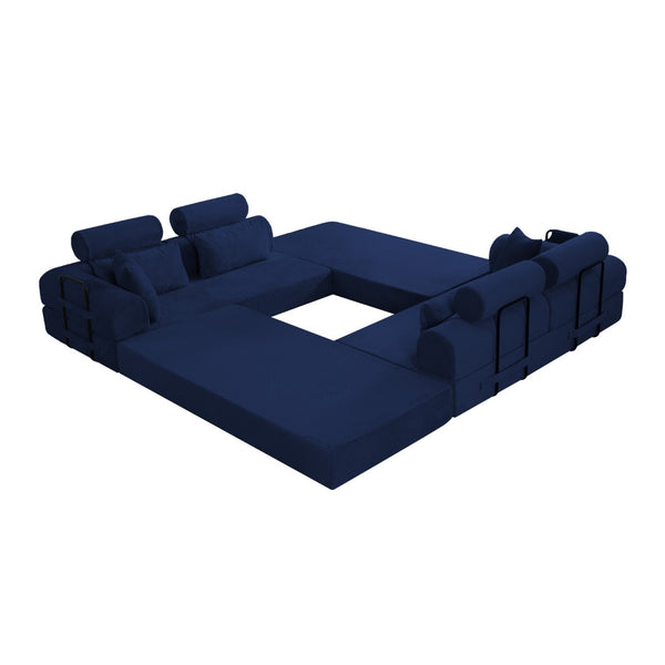 English Elm L Shaped Corduroy Sectional Sofa Converts to Sleeper Bed Space Saving Modular Couch Blue W5532S00008