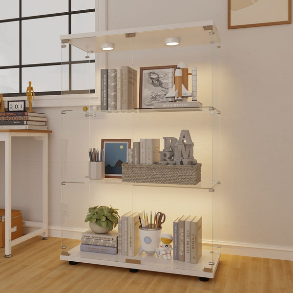 English Elm Tempered Glass Display Cabinet – Versatile Wine & Storage Case With Color-Changing Light & Casters W3155P291596-GIGA