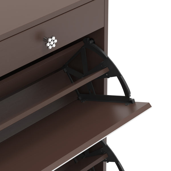 English Elm Mirror Shoe Cabinet with Mirror & Drawer Storage, 4-Tier 16-Pair Organizer, Bright Brown MDF Entryway Unit W760P206336