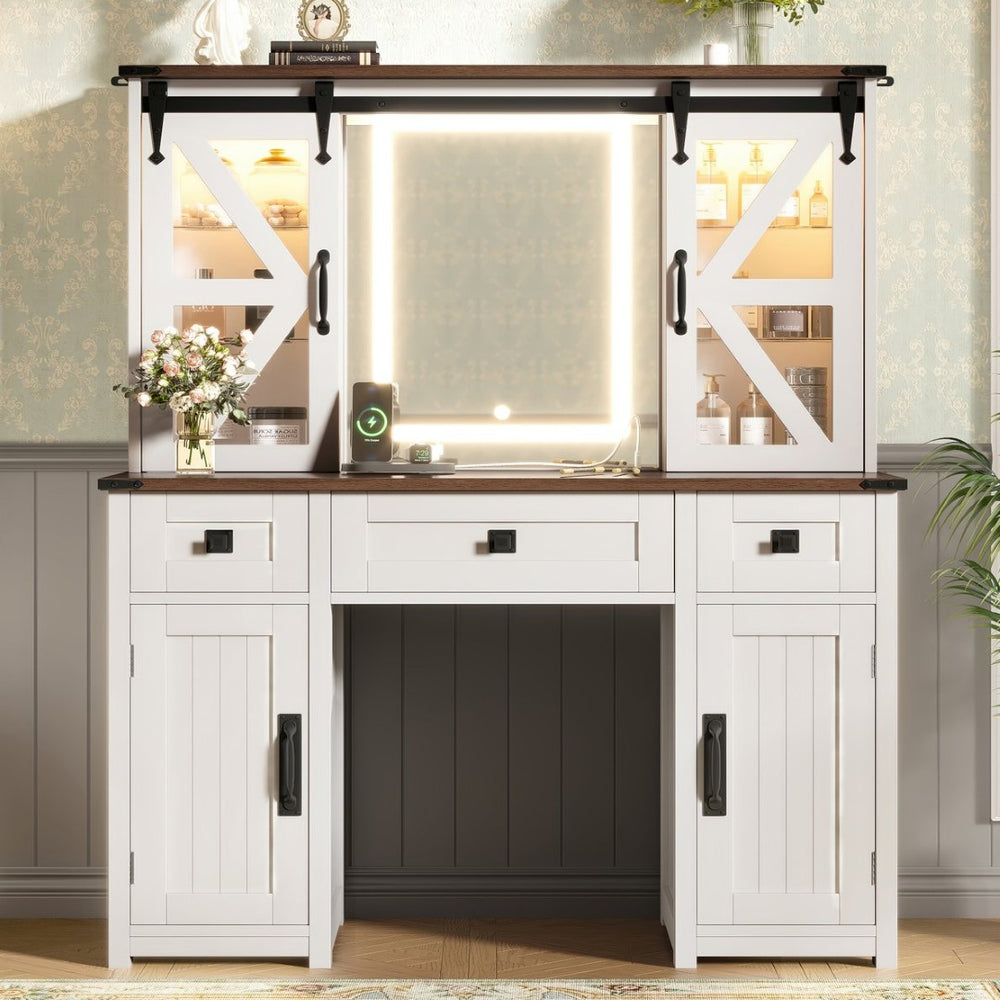 English Elm 43.3" Rustic Farmhouse Vanity Desk with Led Mirror Barn Door Stool Charging Station N704P328548A