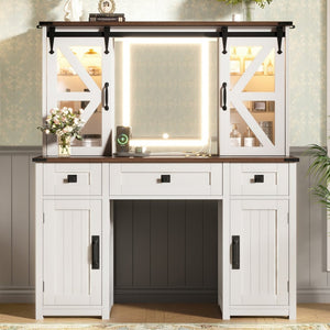 English Elm 43.3" Rustic Farmhouse Vanity Desk with Led Mirror Barn Door Stool Charging Station N704P328548A