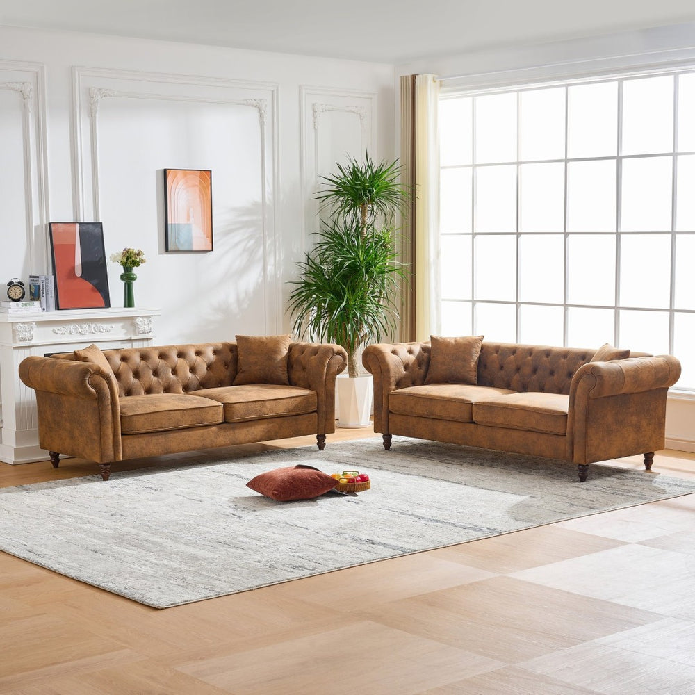 English Elm 3 Seat Chesterfield Sofa Set Tufted Leathaire Upholstery Mid-century Living Room Pair W3373S00061